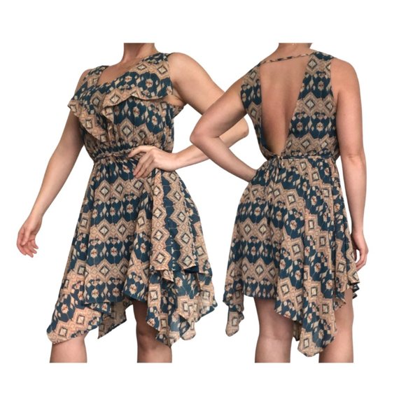 A-Line Open Back Turquoise & Tan Dress - Picture 1 of 6